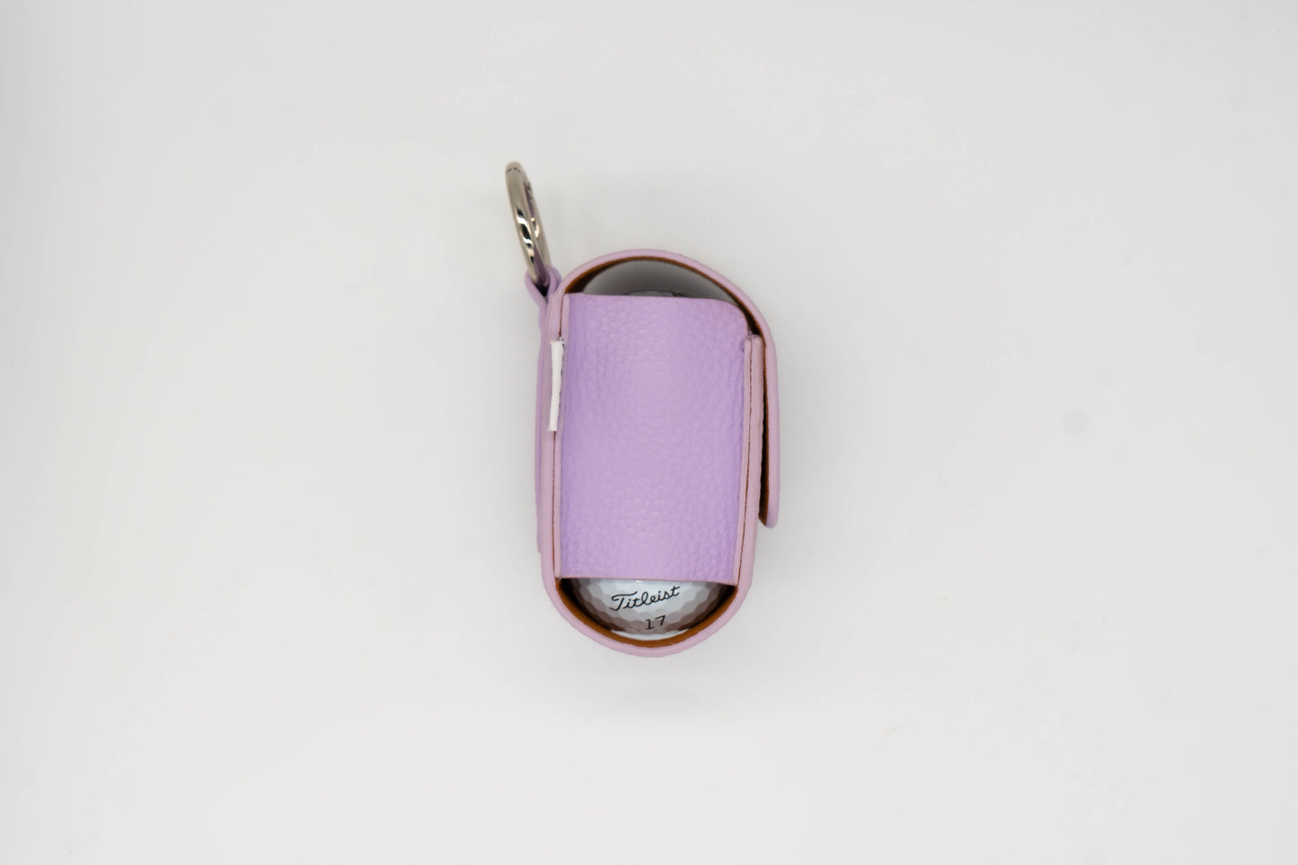 Purple leather golf ball pouch side view