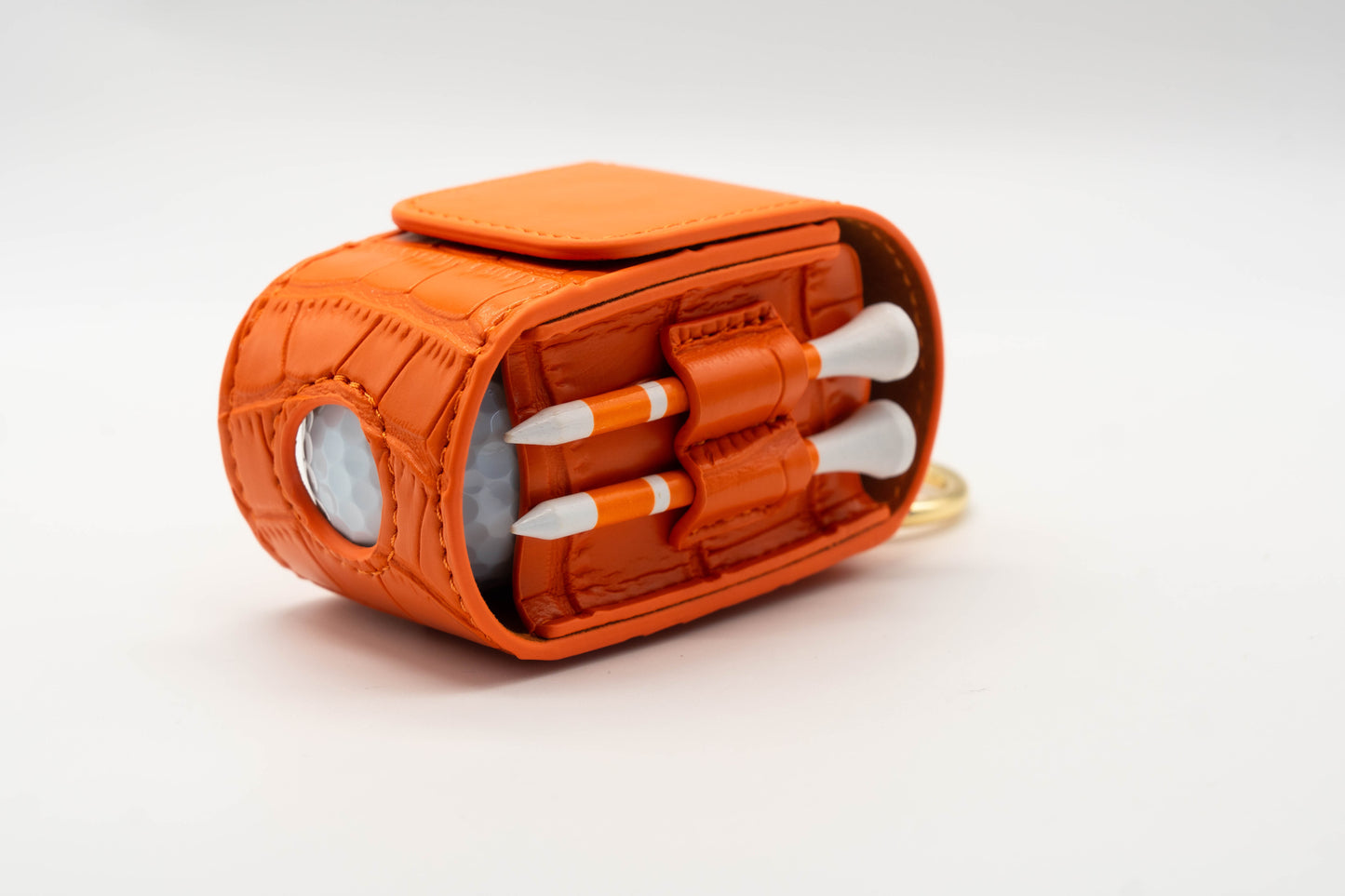 Orange leather Golf Ball Pouch with Golf Tees and Golf Ball