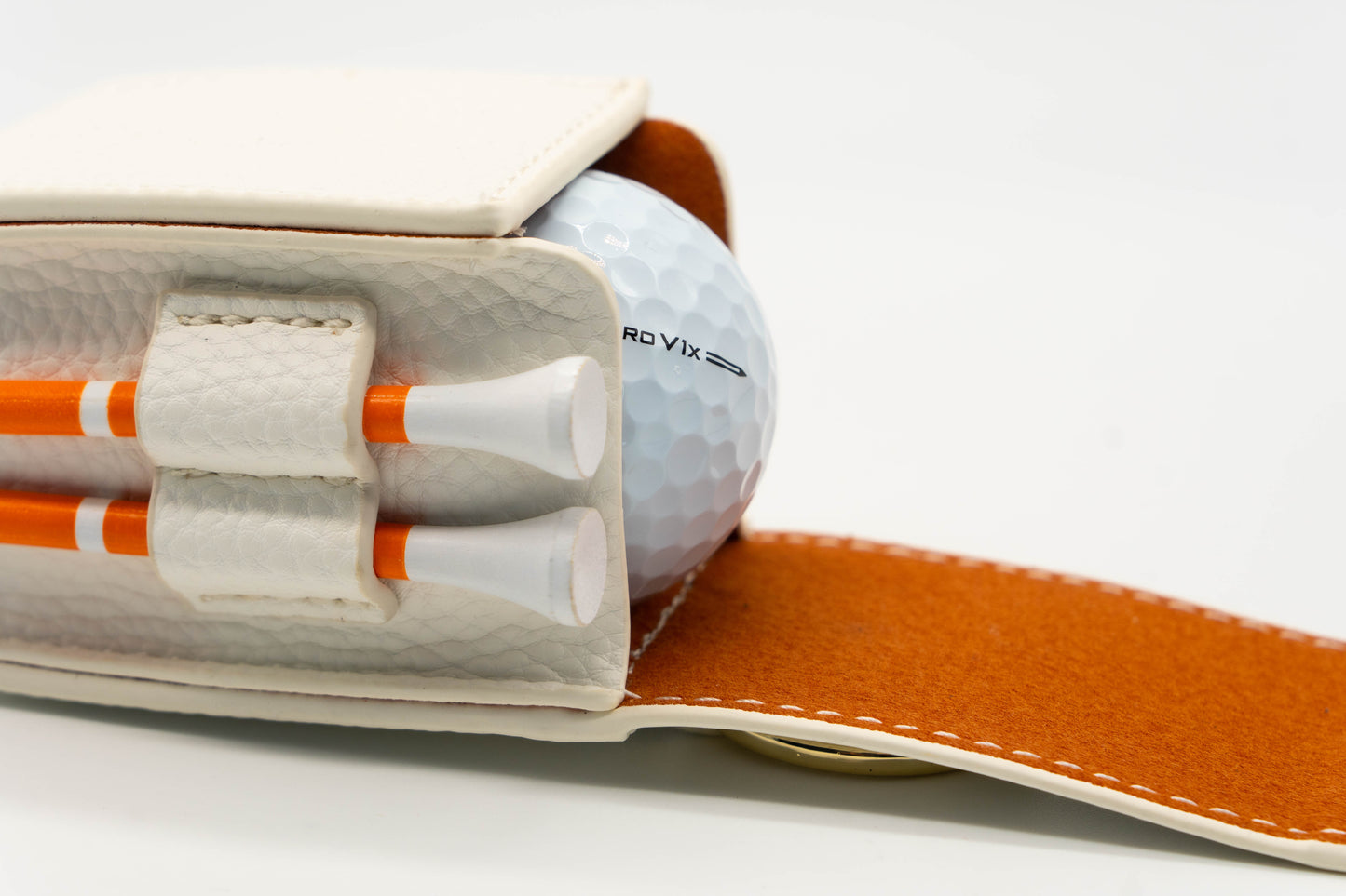 White leather Golf Ball Pouch with Golf Tees and Golf Ball